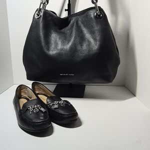 ​Michael Kors Matching Set Black Bedford Bag & Hamilton Loafers Silver Size 8.5